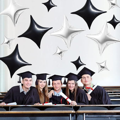 TONIFUL 30Pcs Four Pointed Star Balloon 26In&10In Black Silver Foil Balloon | - Image 4