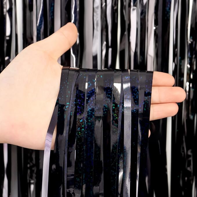 Black Tinsel Foil Fringe Curtain Backdrop, 3.3 x 8.2 ft Metallic Glitter - Image 7