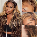 210% Density 13x6 Highlight Ombre Full Lace Frontal Wigs Human Hair 12A Body Wave Brazilian Human Hair Pre Plucked 4/27 Honey Blonde HD Glueless Transparent Lace with Baby Hair 26 Inch