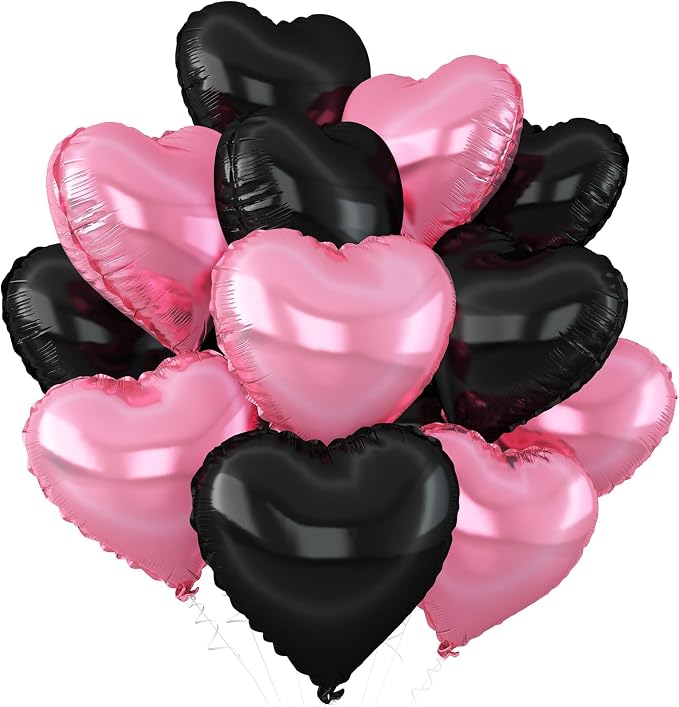 Pink Black Heart Balloons, 18Inch Black Pearl Pink Helium Balloon by Adorely