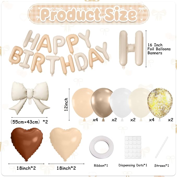 29PC Heart Bow Cream Happy Birthday Balloon Banner, 16Inch 3D Aluminum Letter - Image 2