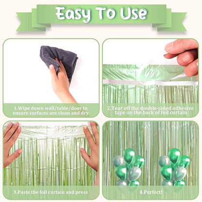 Voircoloria Light Green Foil Fringe Backdrop Curtains, 3 Pack | Tinsel Streamers - Image 4