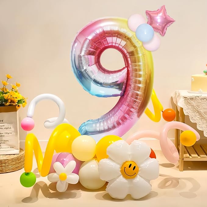 40 Inch Giant Rainbow Number 9 Balloons, Birthday Balloons, Helium Mylar Foil - Image 3