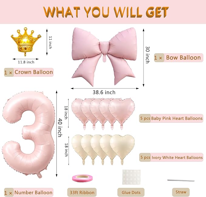 LilyZheng Pastel Pink Number 3 Foil Balloon Set, Baby Pink 3 Balloon & Bow - Image 2