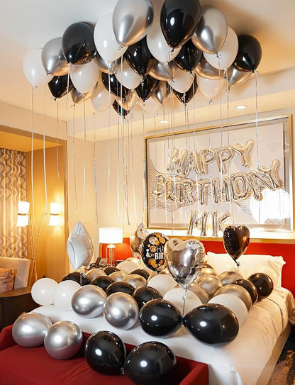 Black and Silver Balloons, Birthday Party Decor | Silver Black White & Confetti - Image 5