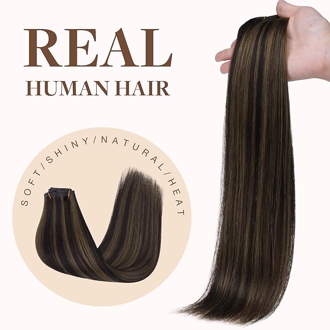 GOO GOO Clip in Hair Extensions Real Human Hair, Remy Human Hair Extensions Clip ins for Women, Natural Human Hair, 14inch 130g 9 Pcs, #2/6 Dark Brown Highlighted Chestnut Brown