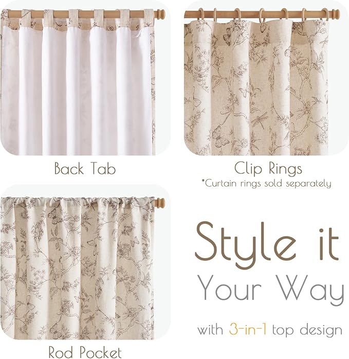 Taupe Floral Linen Lined Curtains Rod Pocket 50W X 84L 2 Panels | Charlotte - Image 5