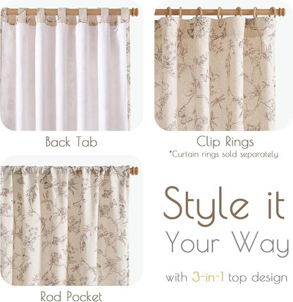 Taupe Floral Linen Lined Curtains Rod Pocket 50W X 84L 2 Panels | Charlotte - Image 5