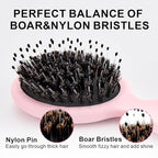 Mini Boar Bristles Hair Bursh, Travel Size Hair Brush for Women Men Kids, Protable Small Hair Brushes for Pockets Purses, Mini Hair Brush for Smooth Add Shine (1 Pack-Pink)