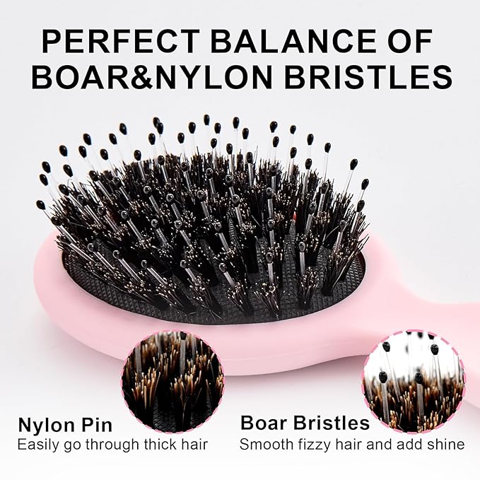 Mini Boar Bristles Hair Bursh, Travel Size Hair Brush for Women Men Kids, Protable Small Hair Brushes for Pockets Purses, Mini Hair Brush for Smooth Add Shine (1 Pack-Pink)