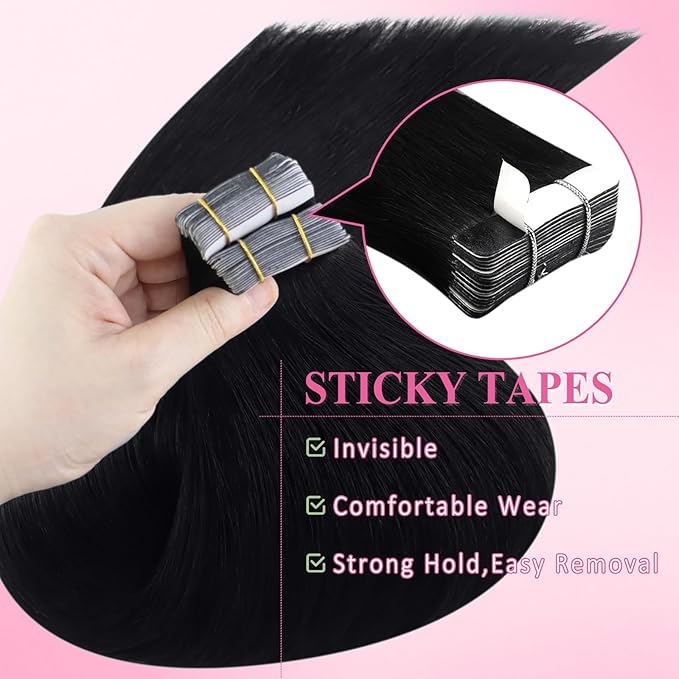 YoungSee Tape in Hair Extensions Black Human Hair Tape in Extensions Jet Black Invisible Tapes ins Human Hair Extension for Short Hair 12 Inch 20pcs Remy Hair Extension Tape-in Soft and Shiny 30g