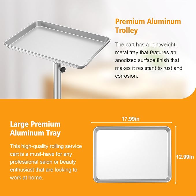 Salon Tray on Wheels - Premium Aluminum Tattoo Tray Rolling Trolley - Adjustable Salon Service Rolling Tray Hairdresser Cart with Clinic Spa Rolling Tray Wheels (Pure Silver)