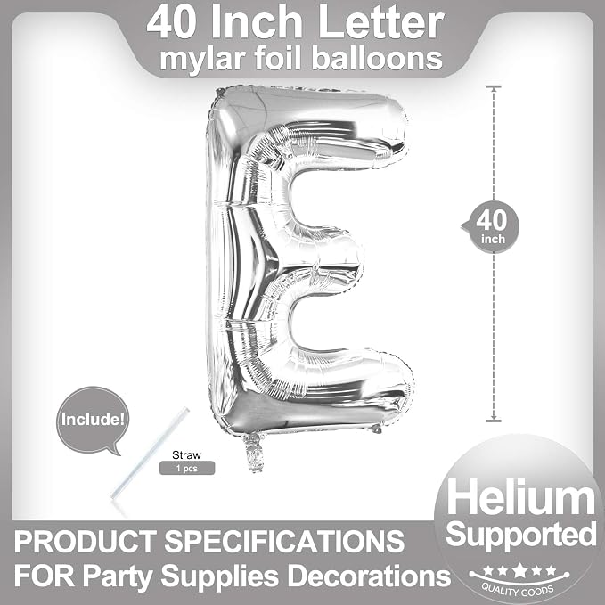 40 Inch Silver Letter E Balloons, DIY Phrase Foil Alphabet Letter E Balloons - Image 2