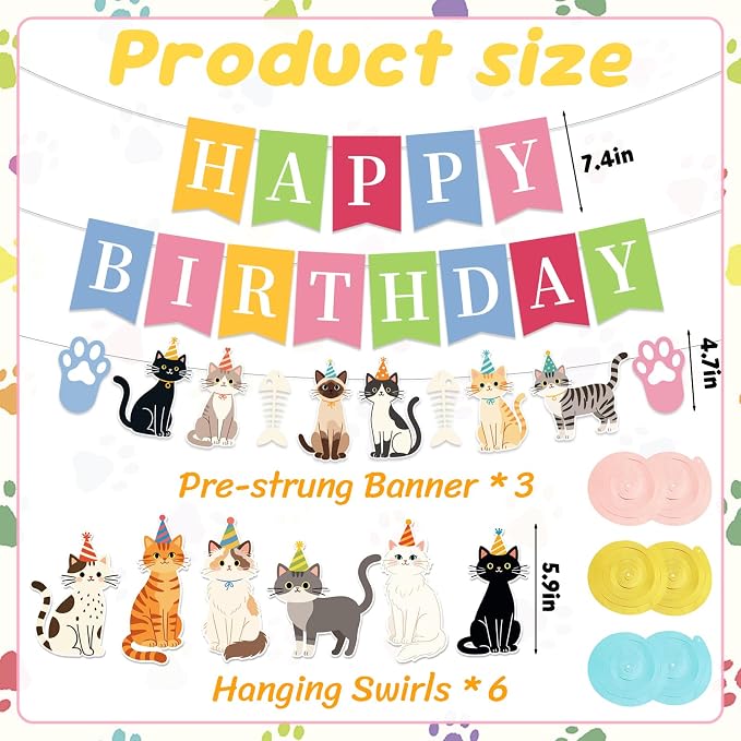 Cat Birthday Banner, Colorful Cat Themed Birthday Party Decorations, Cute - Image 2
