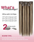 Moresoo Remy Hair Extensions Clip ins Dark Brown with Blonde Highlights Clip in Extensions Real Human Hair Dark Brown with Caramel Blonde Double Weft for Short Human Hair 80g/5pcs 14 inch