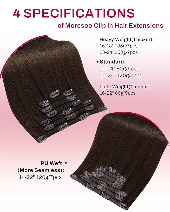 Moresoo Brown Clip in Hair Extensions Remy Straight Double Weft Real Hair Extensions Clip in Human Hair Medium Brown #4 Full Head Set 7pcs 120Gram 18 Inch