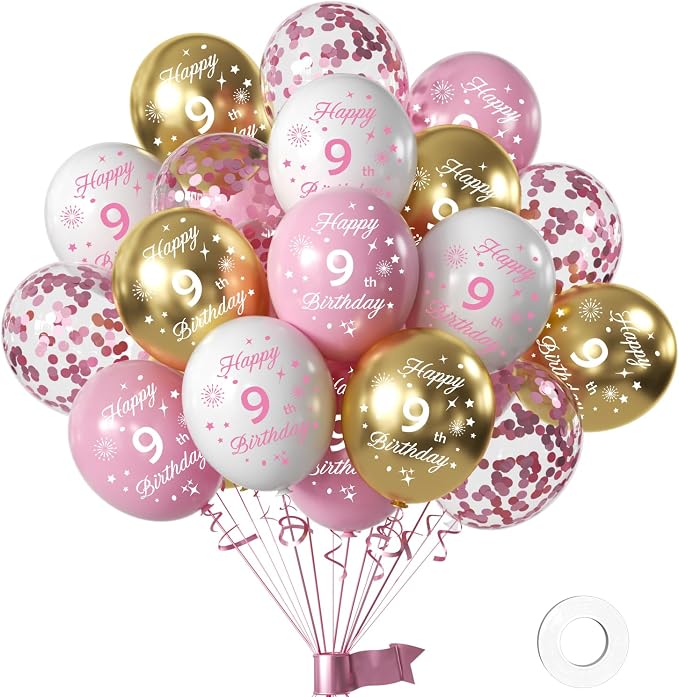 Pink 9th Birthday Balloons for Girls 9th Birthday Party Decorations, 12inch by Hongplus