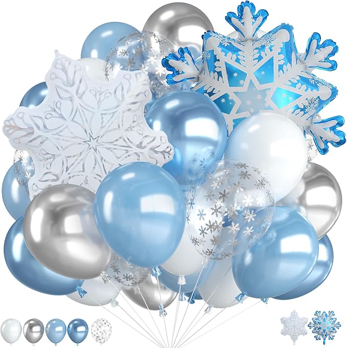 Blue Snowflake Balloons, 12 Inch Blue Silver White Clear Balloons by FunHot