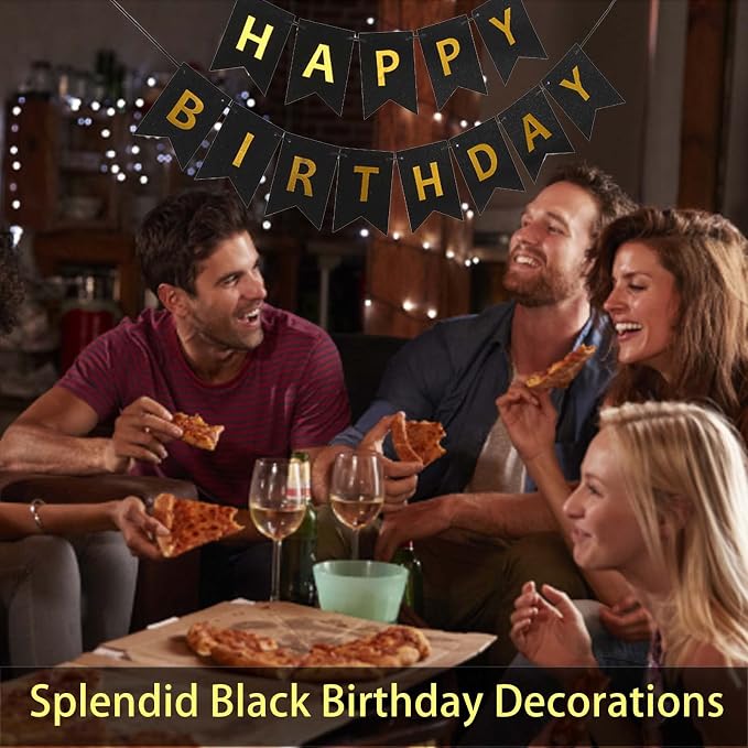 Happy Birthday Banner Black Shiny Gold Letters - Image 2