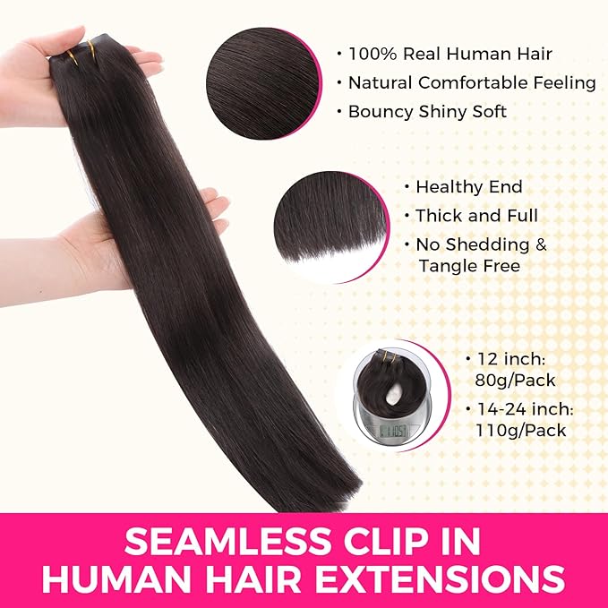 Lashey Seamless Clip in Hair Extensions Human Hair 7pcs 110g Straight Remy Hair, 18 Inch #2 Dark Brown Hair Extensions with PU Skin Weft for Women