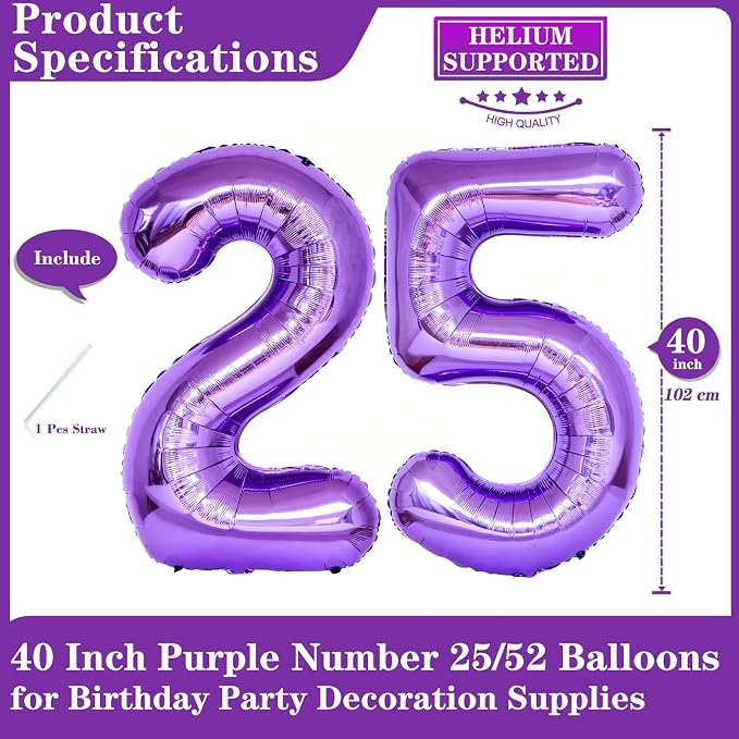 Purple 25 Number Balloons, 40 Inch Giant Number 25 Balloons Foil Mylar Helium - Image 2
