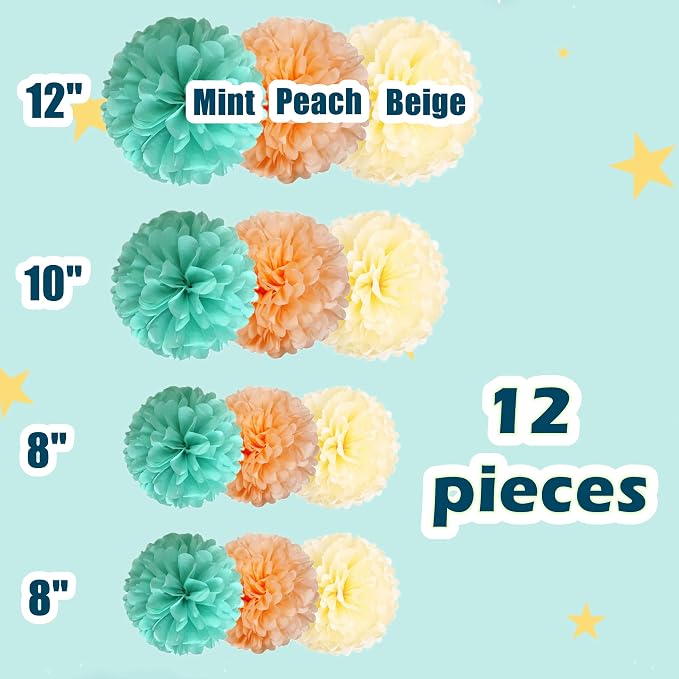 12 Pcs Tissue Paper Pom Poms Mint Peach Beige Mixed Sizes 8" 10" 12" - Image 2