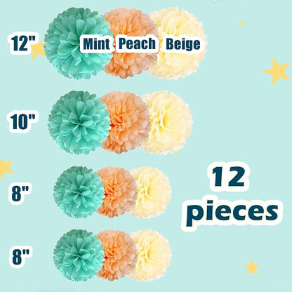 12 Pcs Tissue Paper Pom Poms Mint Peach Beige Mixed Sizes 8" 10" 12" - Image 2