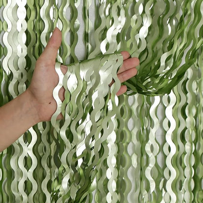 4 Pack Sage Green Wavy Metallic Tinsel Foil Fringe Curtains 3.3x6.6 Feet by CYLMFC