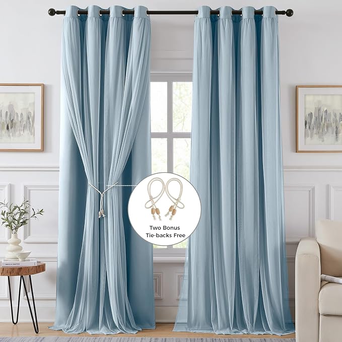 100% Blackout Curtains for Bedroom, Double Layer Blue Curtains, Room Darkening - Image 2