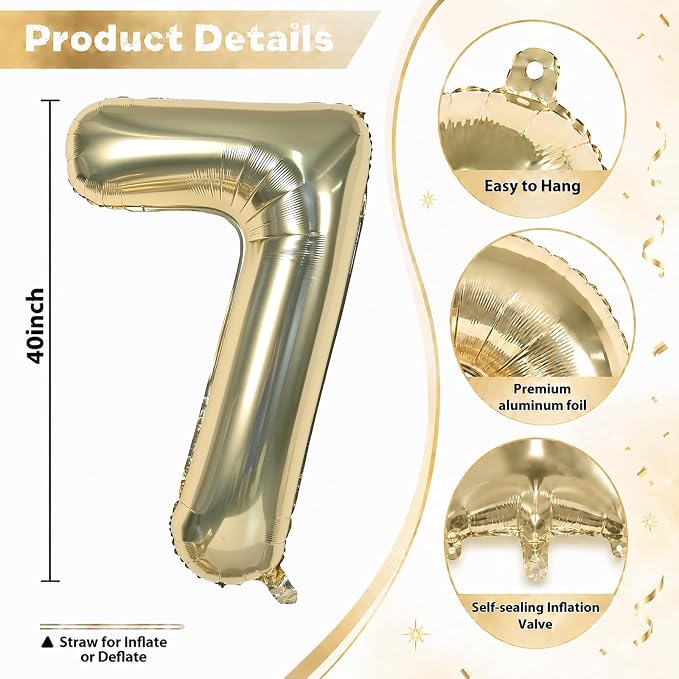 40 Inch Champagne Gold Number 7 Balloon, Light Gold Large Self Inflating Foil - Image 2