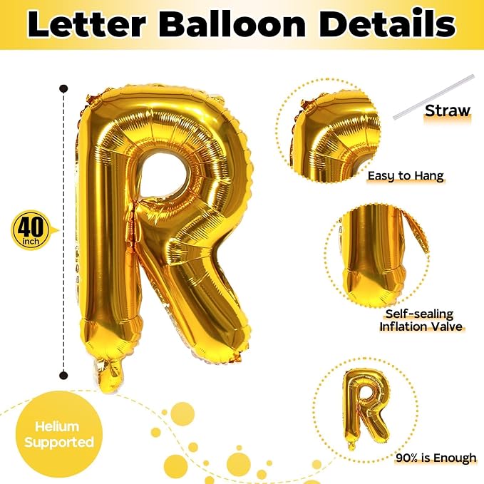 40 Inch Foil Letter Balloon, Big Alphabet R Word, Large Self Inflating Gold - Image 2