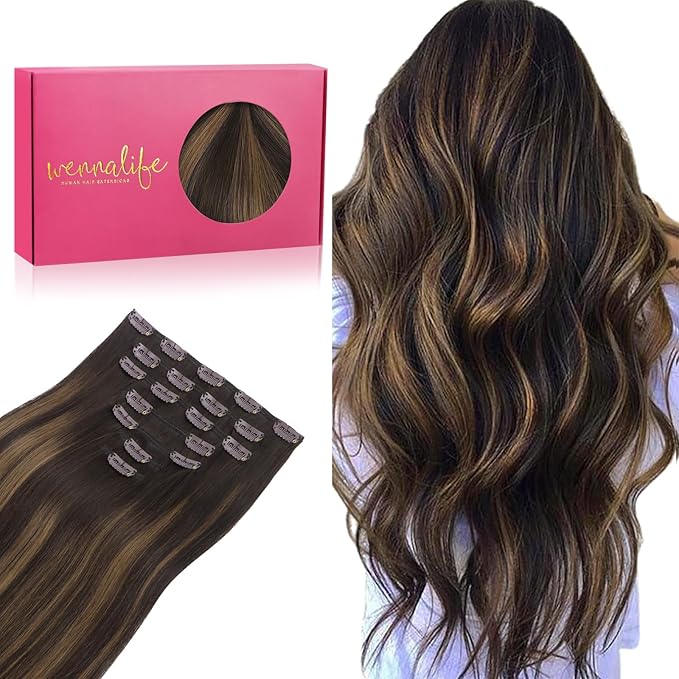 WENNALIFE Clip in Hair Extensions Real Human Hair, 24 Inch 160g 7pcs Balayage Dark Brown Mixed Chestnut Brown Remy Hair Straight Natural Extensiones De Cabello Humano Con Clip Ins