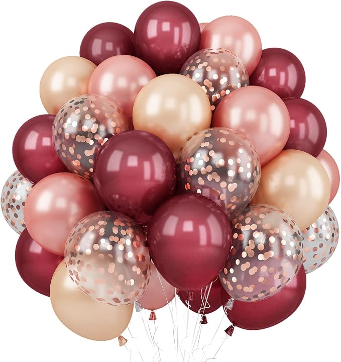 Balloons Burgundy Rose Gold, 60 Packs 12 Inches Wine Red Champagne Latex by Togvu