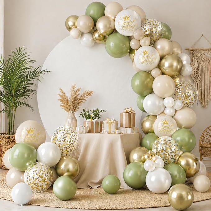 Sage Green Sand White Gold Birthday Balloons, 12 Inch Olive Green Cream Beige - Image 9