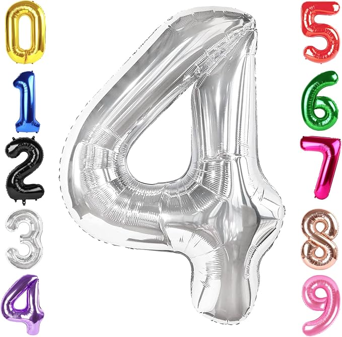 40 Inch Silver Number 4 Balloon Birthday Party Decorations by Hadoife