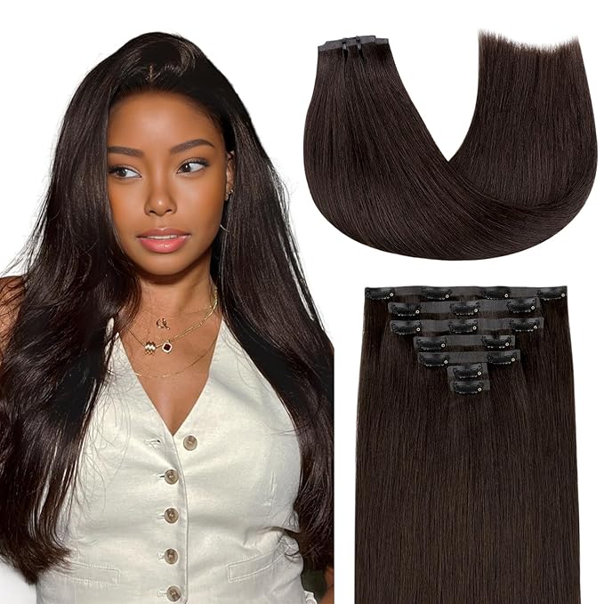 Lashey Seamless Clip in Hair Extensions Human Hair #2 Dark Brown Light Yaki Straight Clip in Extensions Real Human Hair 7pcs 110g 24 Inch PU Weft Natural Hair Extensions for Women