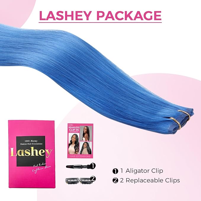 Lashey Clip in Hair Extensions Real Human Hair 50g 4pcs Blue Straight Seamless Clip in Hair Extensions Human Hair 22 Inch Hair Extension Clips