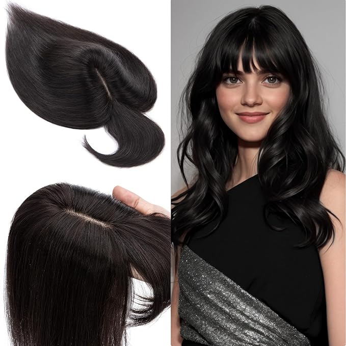 SEGO 100% Real Human Hair Toppers, with Air Bangs, Silk Base 150% Density, Clip in Topper, 2.7”x5.1”, HairPieces for Women, with Thinning/Hair Loss Cover Gray