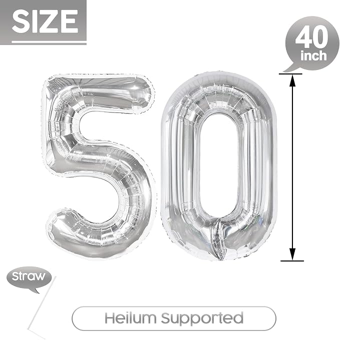 50 Balloon - Silver Birthday Number Balloons, 40 Inch Decorations Men Women | - Image 5