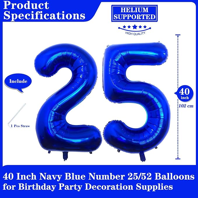 Navy Blue 25 Number Balloons, 40 Inch Giant Number 25 Balloons Foil Mylar - Image 2