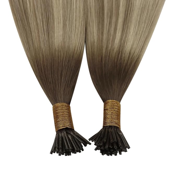 YoungSee Itip Hair Extensions Real Human Hair Ombre I Tip Hair Extensions Balayage Dark Brown to Brown with Blonde Itip Human Hair Extension Short Hair Extension 14In 50g 80s
