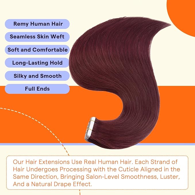 Full Shine Tape in Hair Extensions Human Hair 20PCS Seamless Remy Tape in Extensions Color 99J Red Wine Double Sided Natural Human Hair Burgundy Hair Extensions Tape Ins 12 Inch 30g