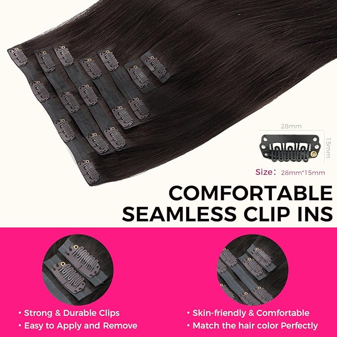 Lashey Seamless Clip in Hair Extensions Human Hair 7pcs 110g Straight Remy Hair, 18 Inch #2 Dark Brown Hair Extensions with PU Skin Weft for Women