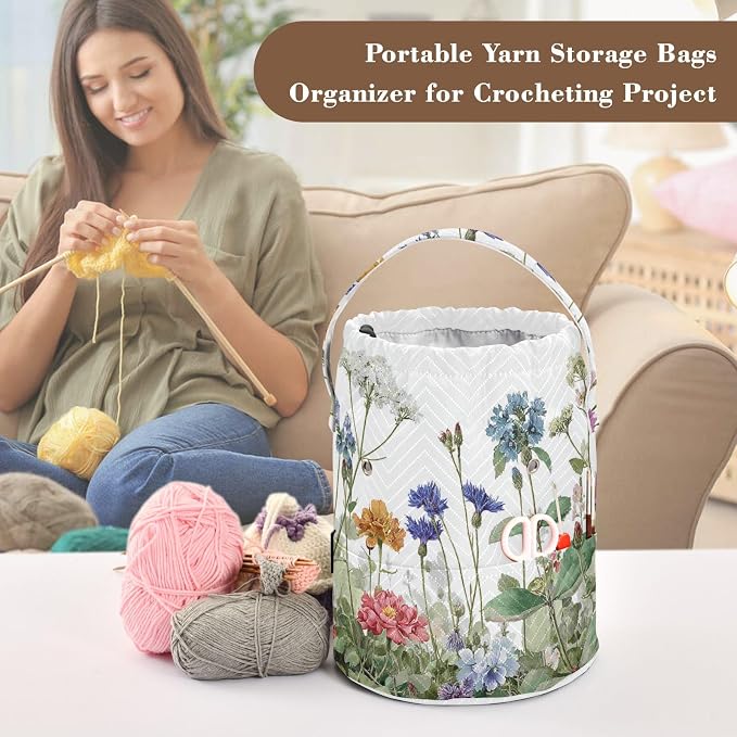 Wildflower Bloom Blue Yarn Bag Small Crochet Bag Drawstring Yarn Storage - Image 4