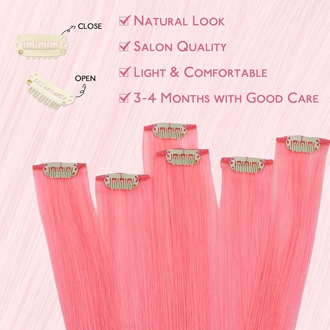 WENNALIFE Light Pink Clip in Hair Extensions Real Human Hair 35g 6pcs 20 Inch Colored Hair Extensions for Kids Women Colorful Hair Pieces Pop-up Style Straight Extensiones De Cabello Humano Con Clip