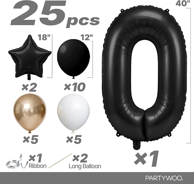 PartyWoo Number Balloons 40 Inch Black Number 0 Kit 25pcs - Image 2