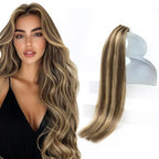 Sunny Hair Tape in Hair Extensions Real Human Hair Invisible Remy Hair Extensions Tape ins for Women Dark Brown Highlight Caramel Blonde 14 inch 20Pcs 50G
