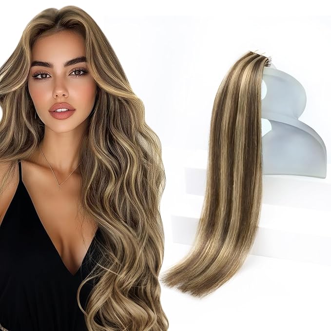 Sunny Hair Tape in Hair Extensions Real Human Hair Invisible Remy Hair Extensions Tape ins for Women Dark Brown Highlight Caramel Blonde 16 inch 20Pcs 50G