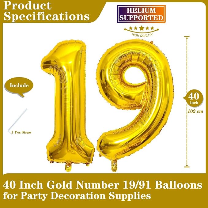 Gold 19 Number Balloons, 40 Inch Giant Number 19 Balloons Foil Mylar Helium - Image 2