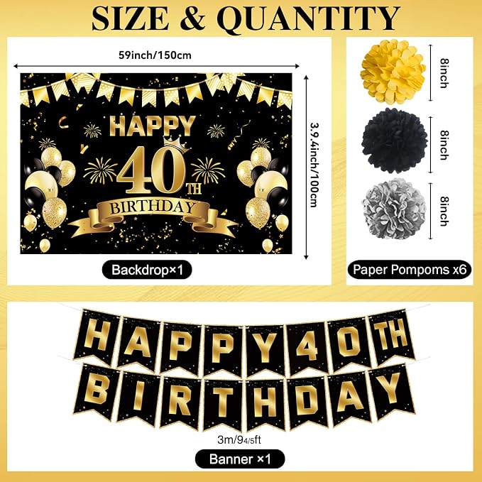 40th Birthday Decorations for Men Women | Pre-Strung Black Gold Happy Birthday - Image 6